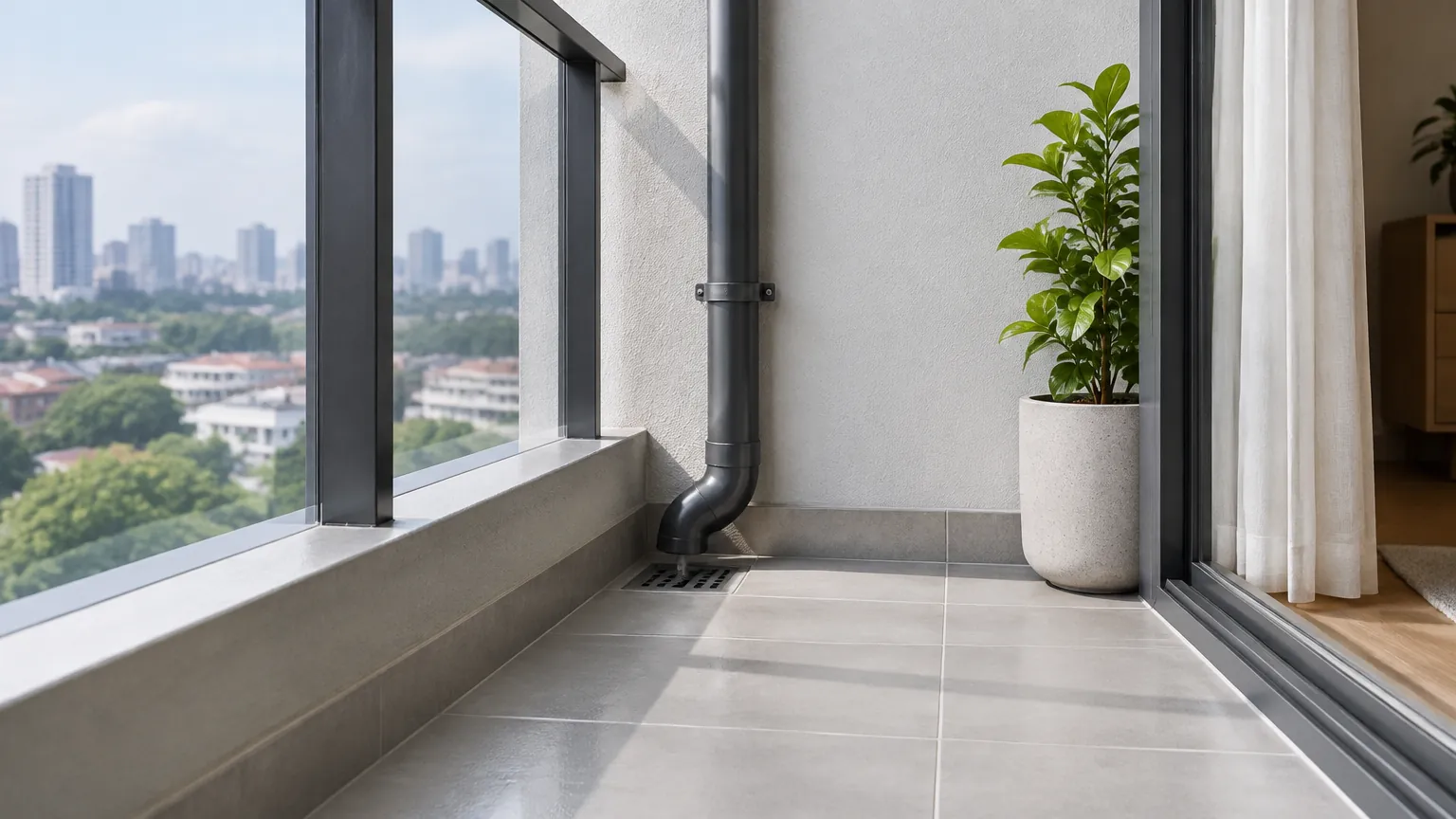 Lantai balkon dengan talang vertikal dan saluran air