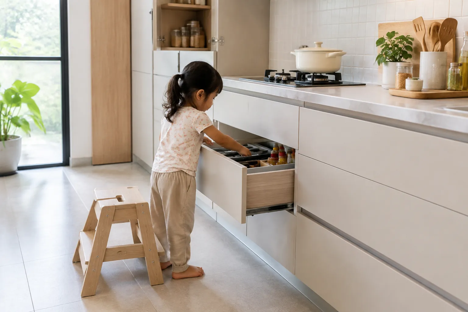 Anak berdiri di bangku kecil saat meraih laci dapur yang terbuka