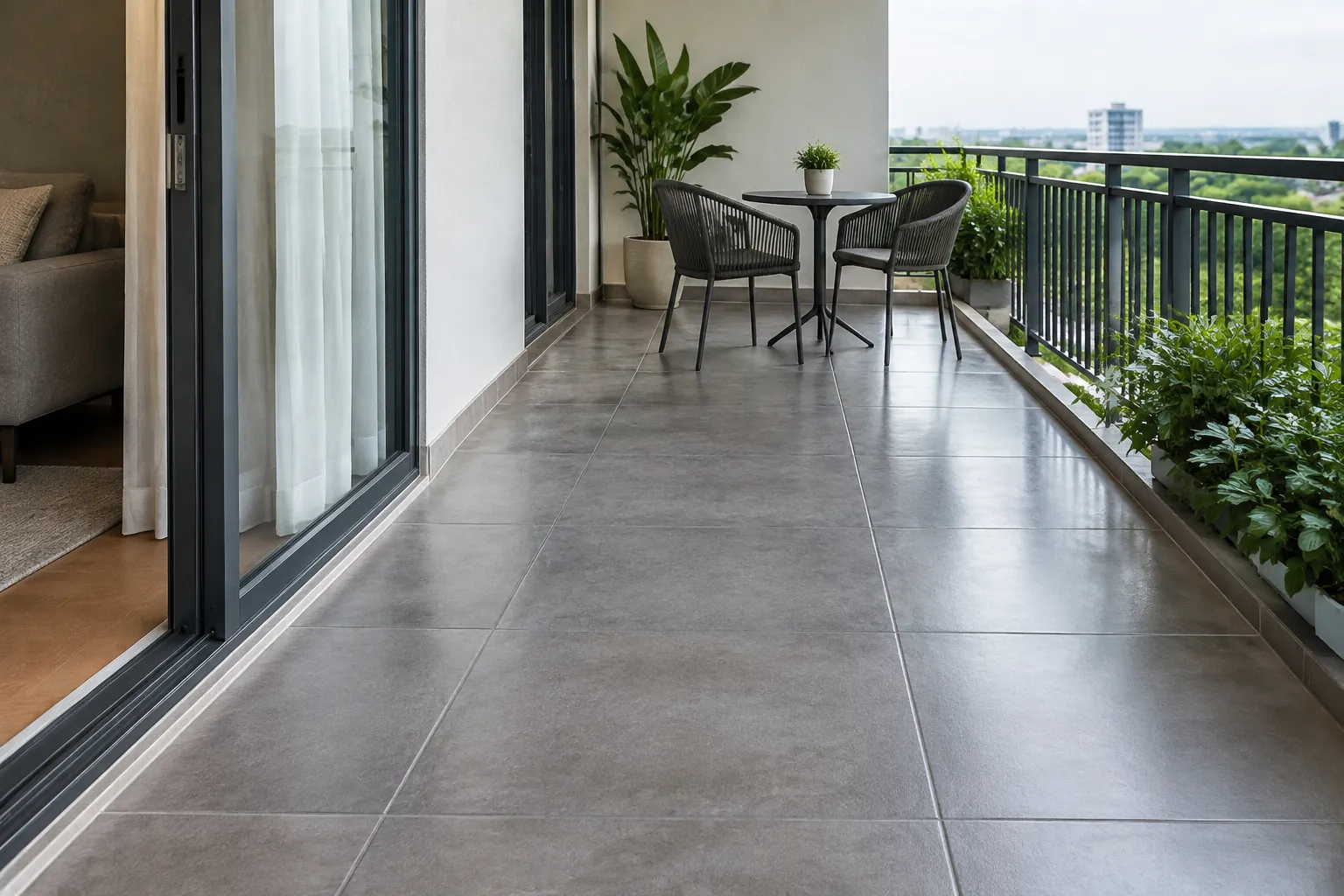 Balkon apartemen berubin dengan meja dan kursi.