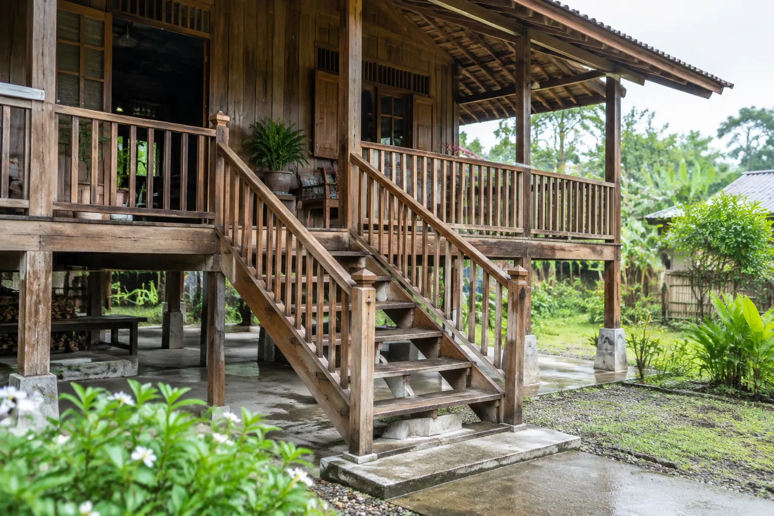 Tangga rumah panggung menghubungkan tanah dan teras berpagar