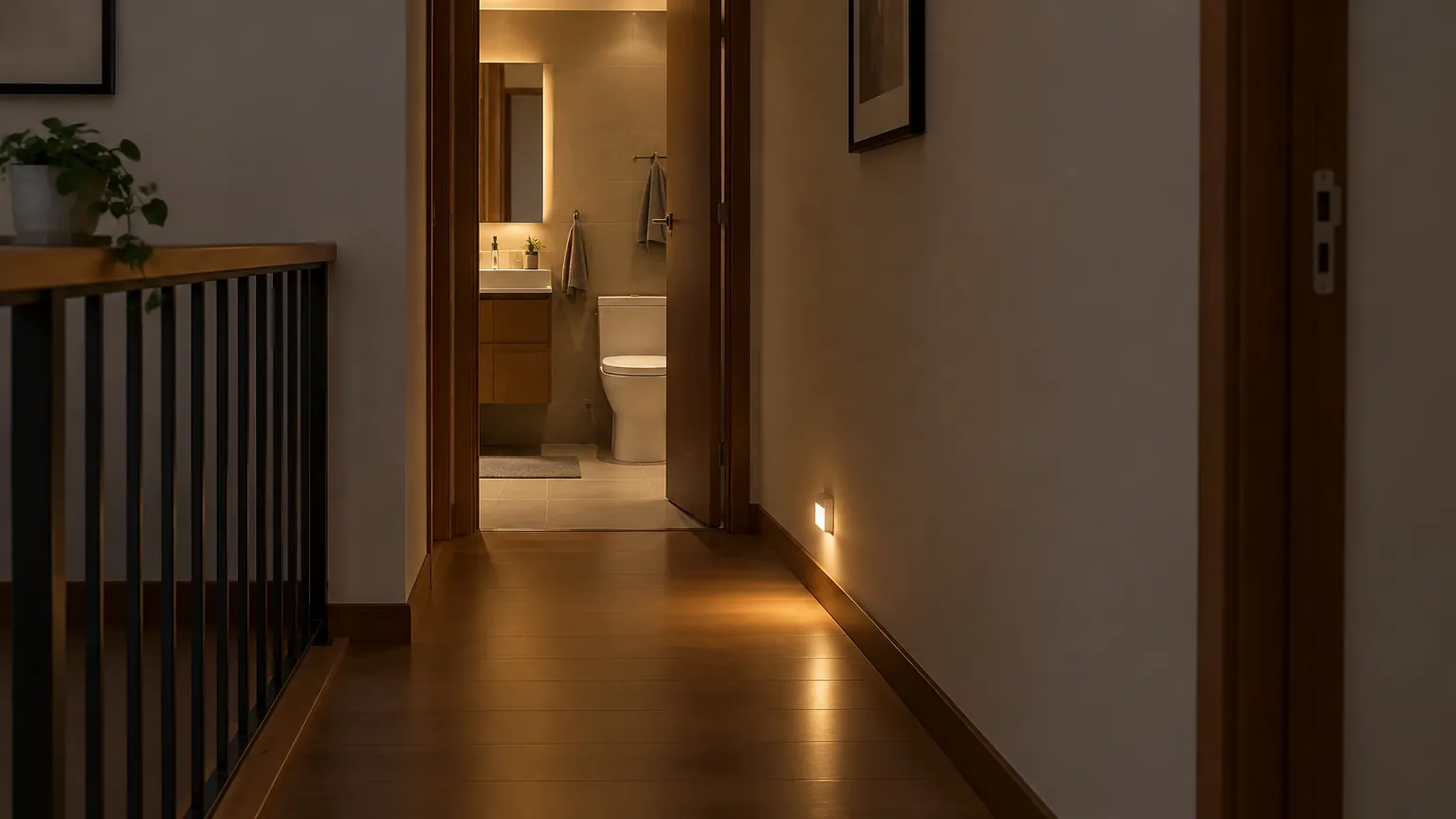 Lorong rumah bercahaya redup menuju pintu kamar mandi