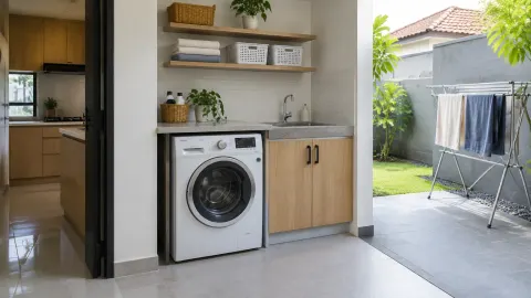 Ruang laundry kecil dengan mesin cuci dekat area luar