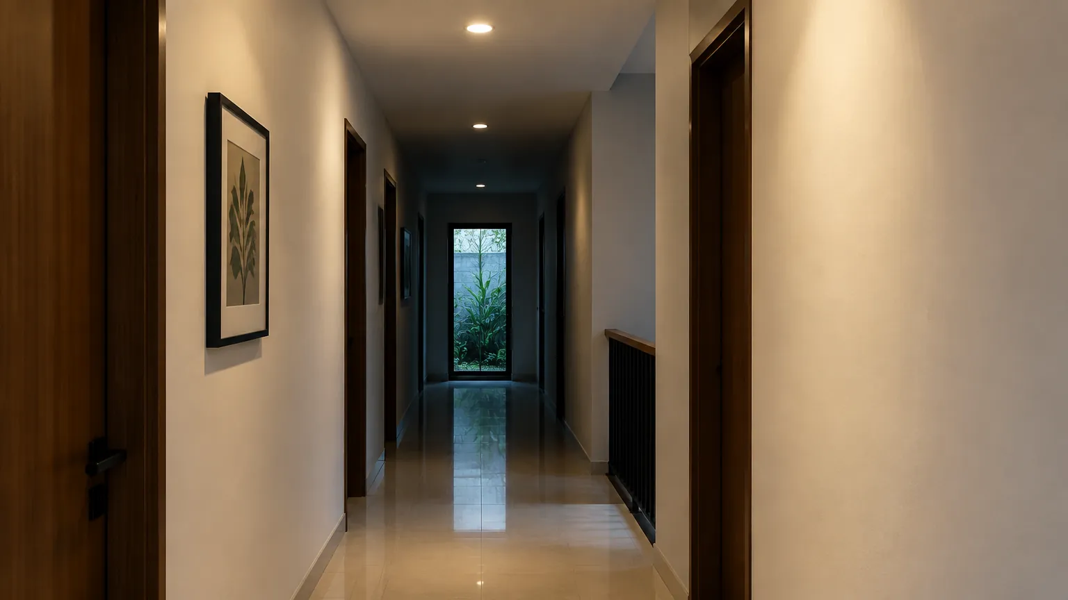 Lorong rumah yang redup dengan lampu pada plafon