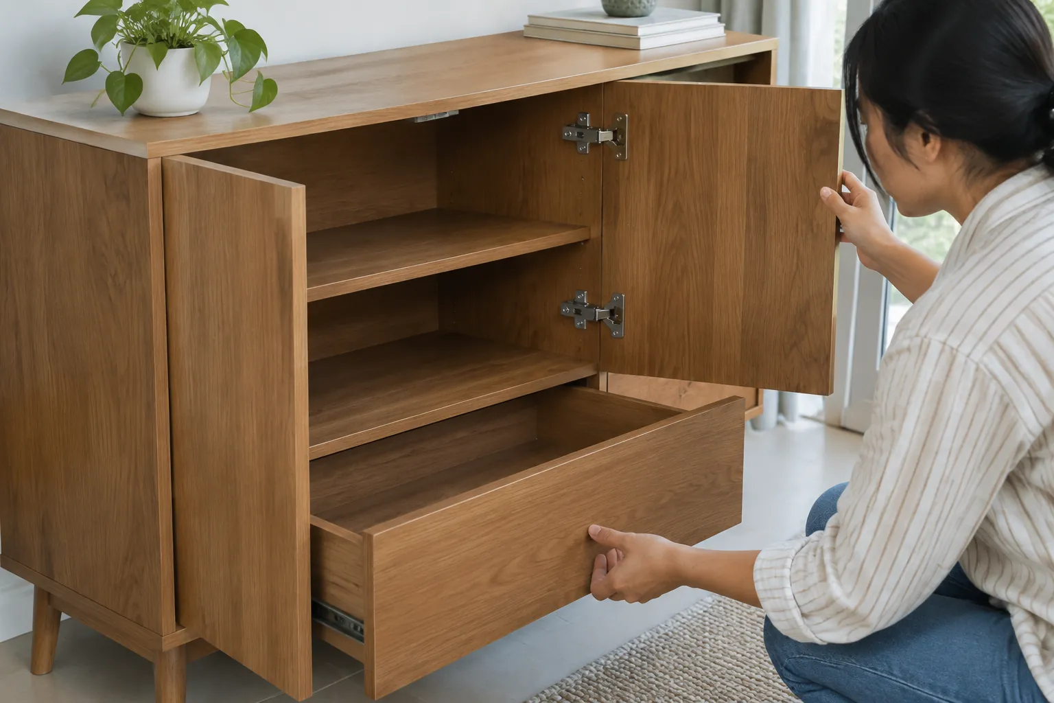 Seseorang memeriksa pintu dan laci kabinet kayu