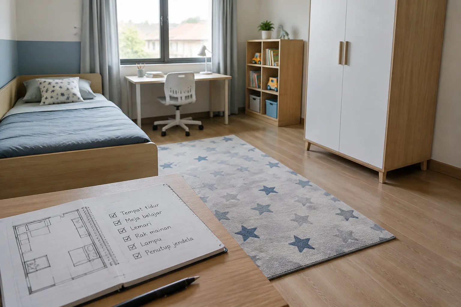 Kamar anak dengan rencana tata letak di atas meja