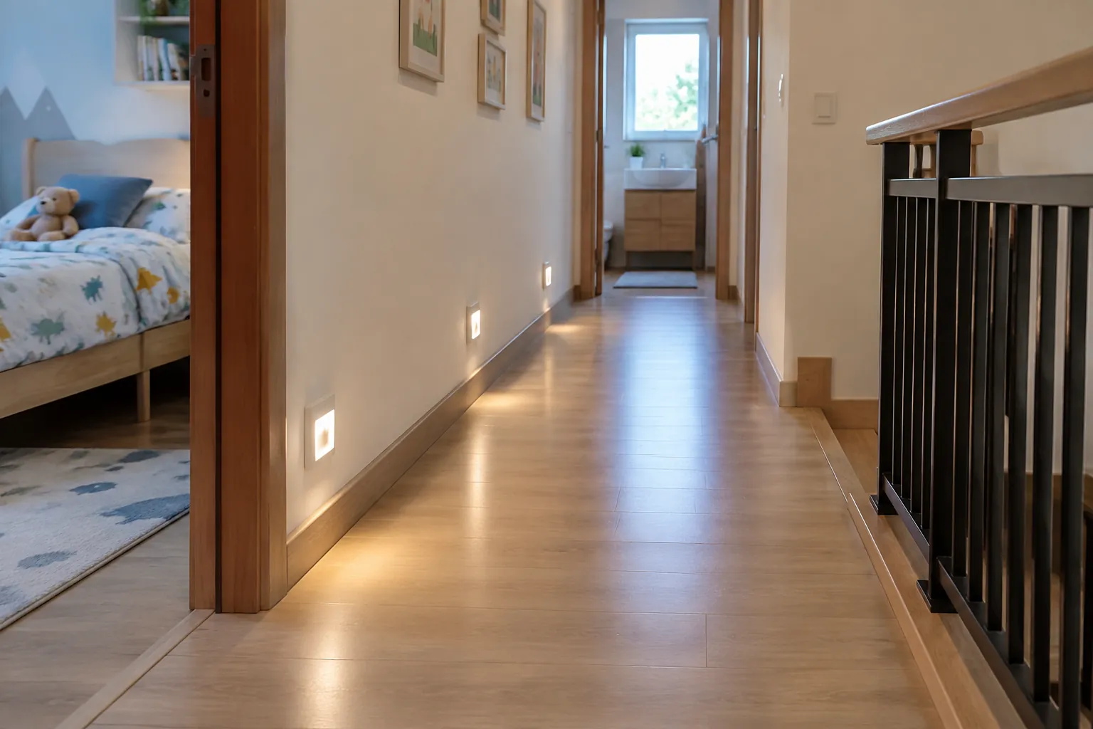 Lorong rumah dengan lampu rendah pada dinding