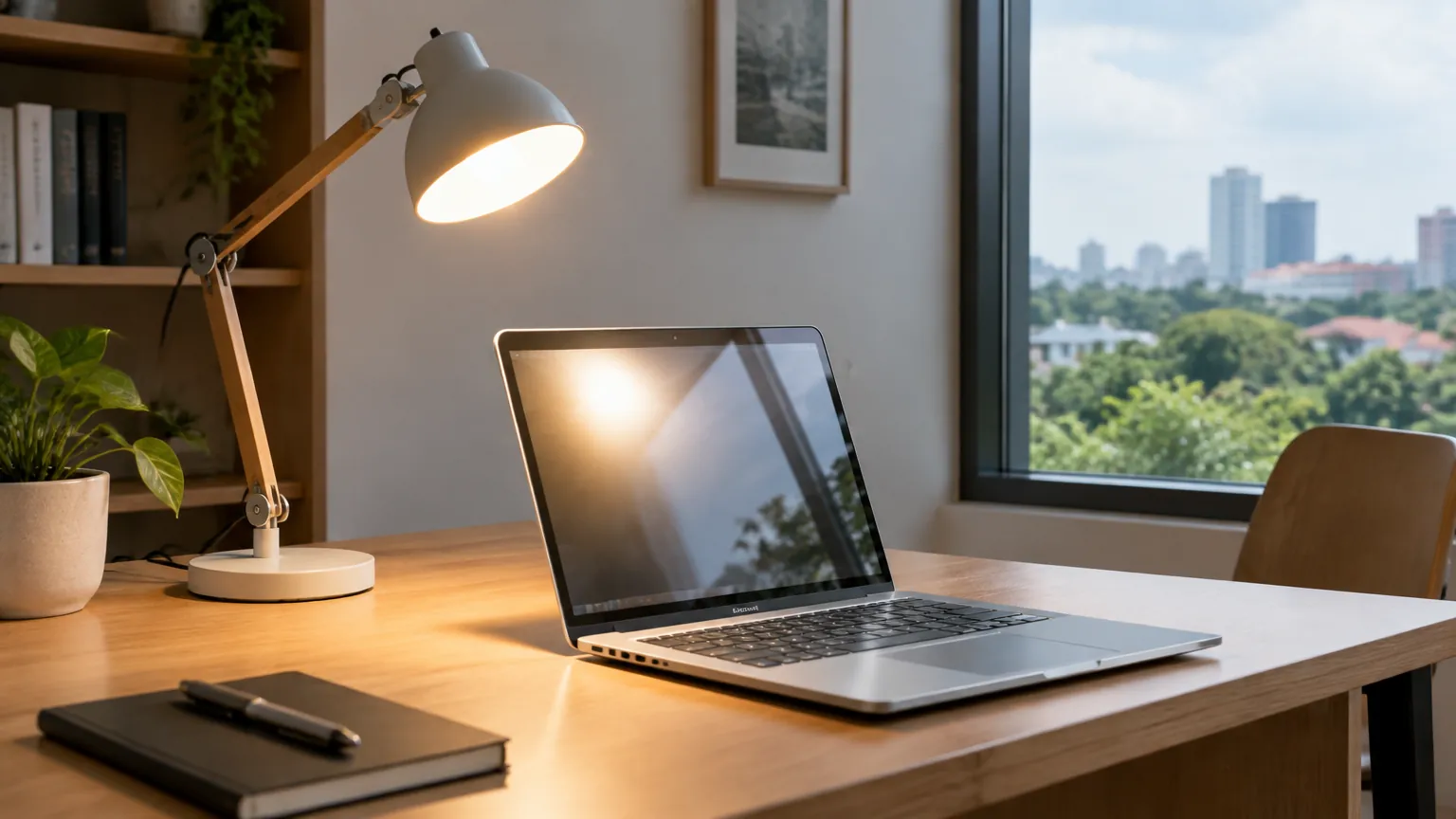 Lampu meja menimbulkan pantulan pada layar laptop