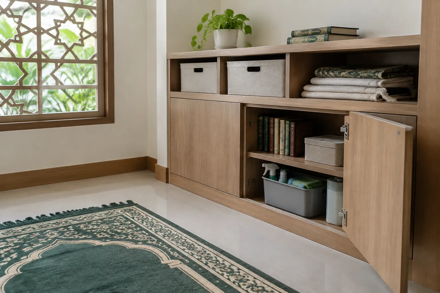 Rak dan kabinet mushola berisi buku serta kotak