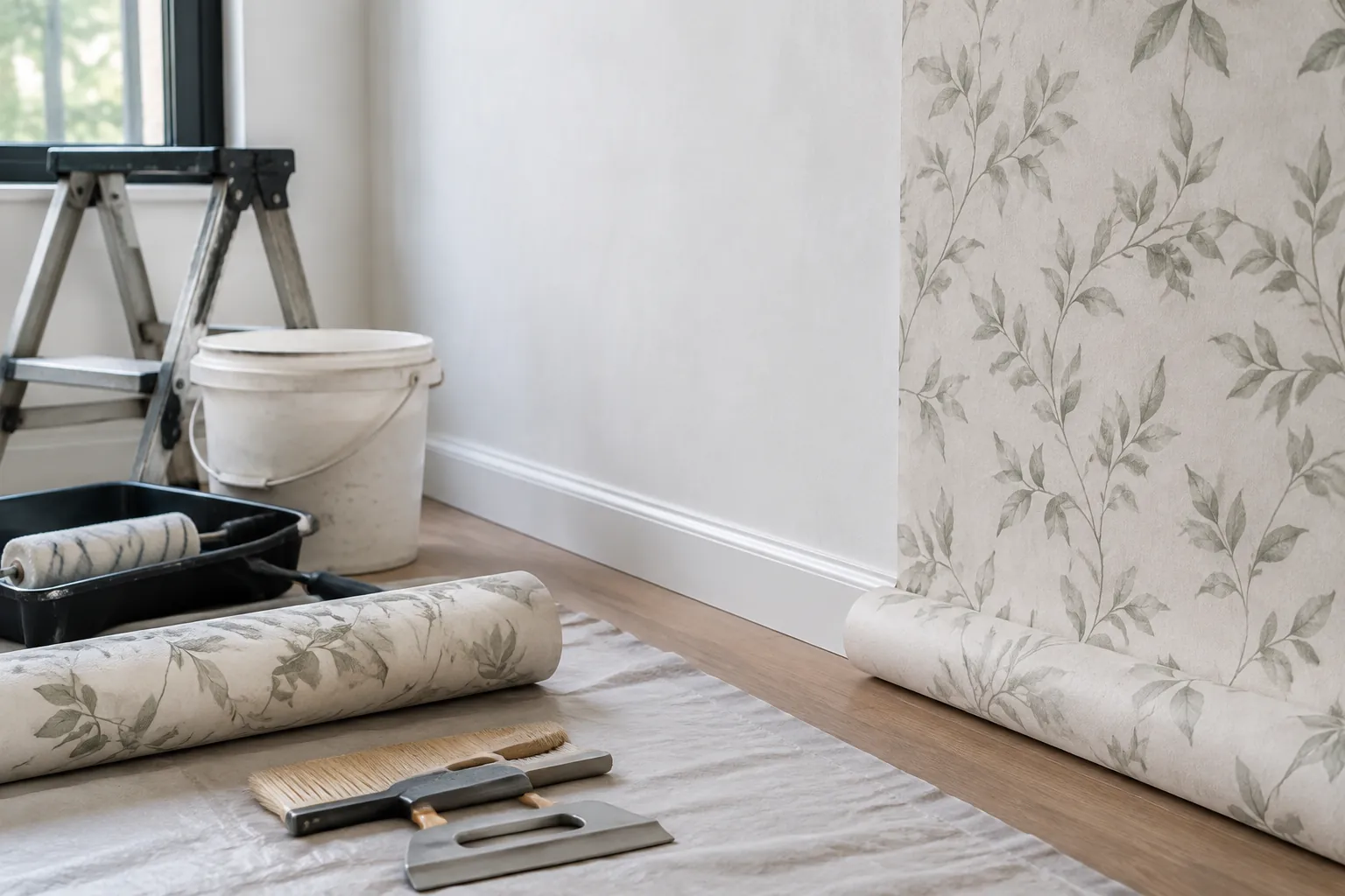 Wallpaper bermotif daun sedang ditempel pada sebagian dinding ruangan
