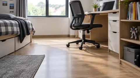 Kursi kerja di atas lantai kayu kamar remaja
