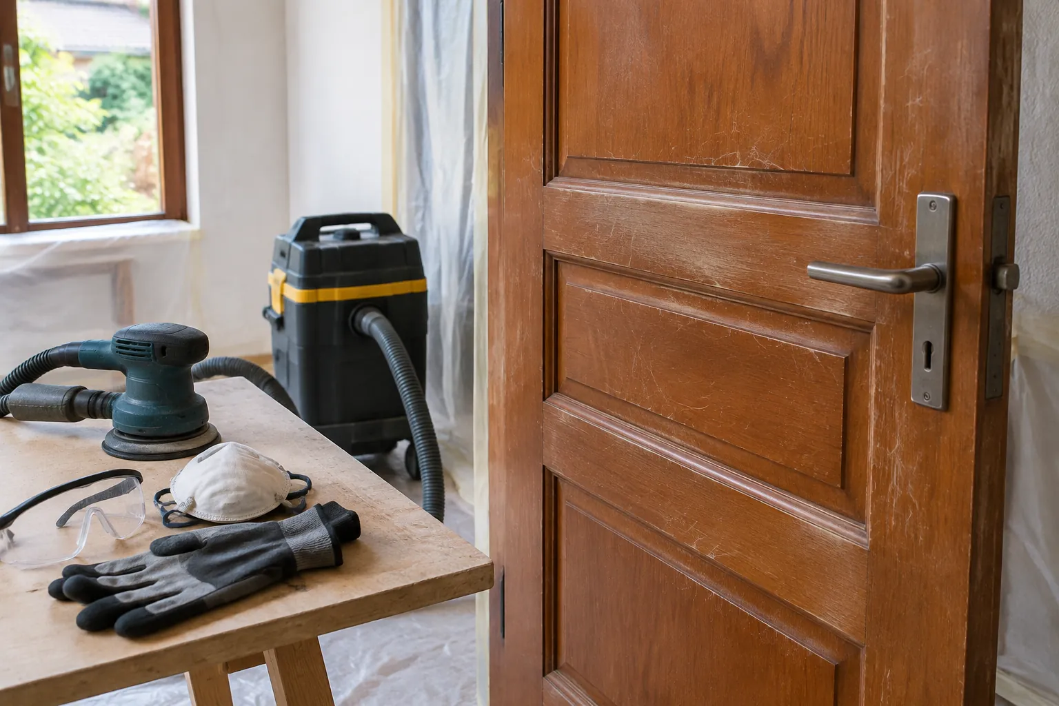 Alat amplas dan kain di depan pintu kayu