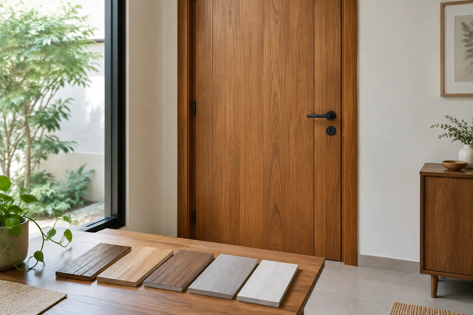 Contoh warna dan tekstur material diletakkan di depan pintu kayu