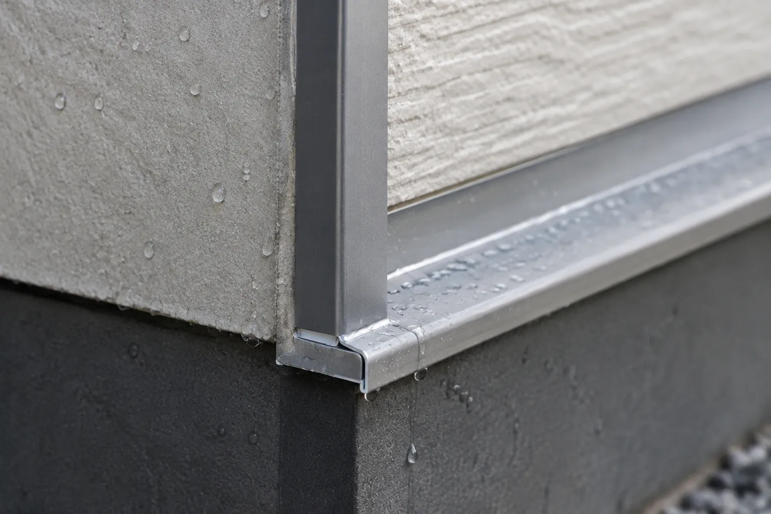 Detail trim logam pada tepi bawah partisi kaca area basah