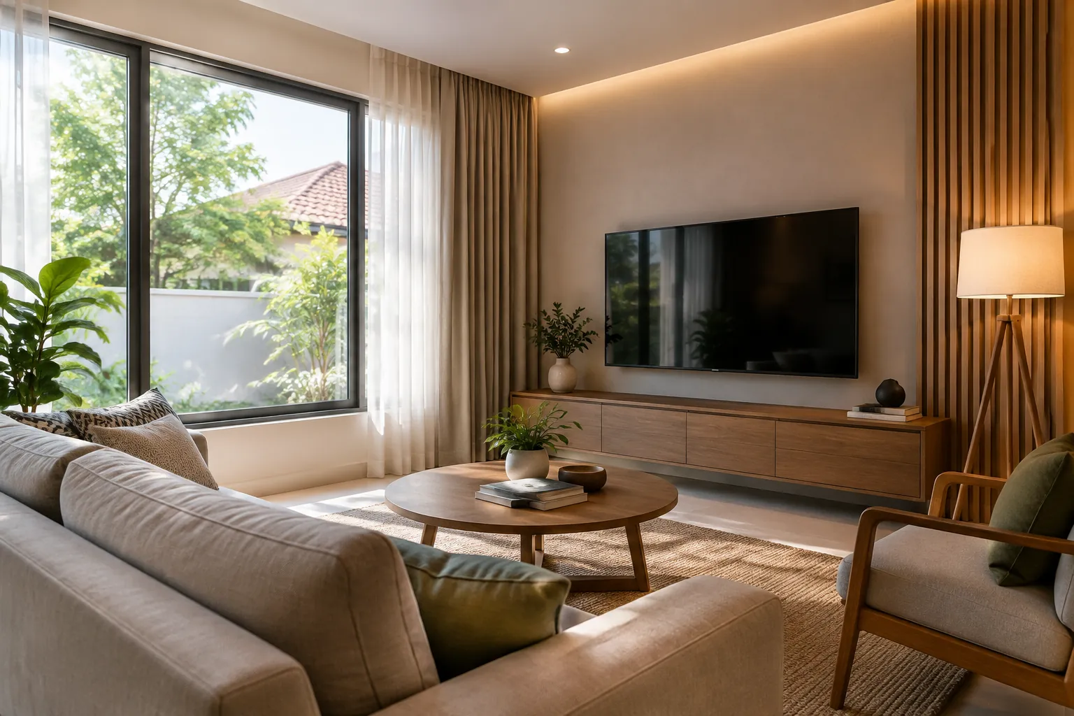 Sofa menghadap televisi di ruang terang dekat jendela besar