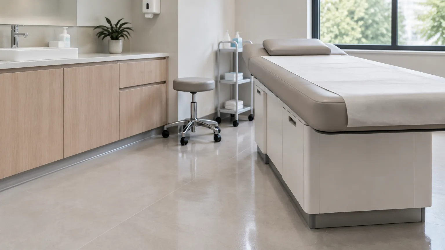 Tempat pemeriksaan dengan lantai polos dan kabinet rendah