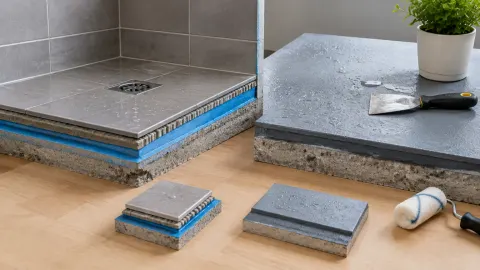 Contoh lapisan waterproofing dan ubin di area kamar mandi