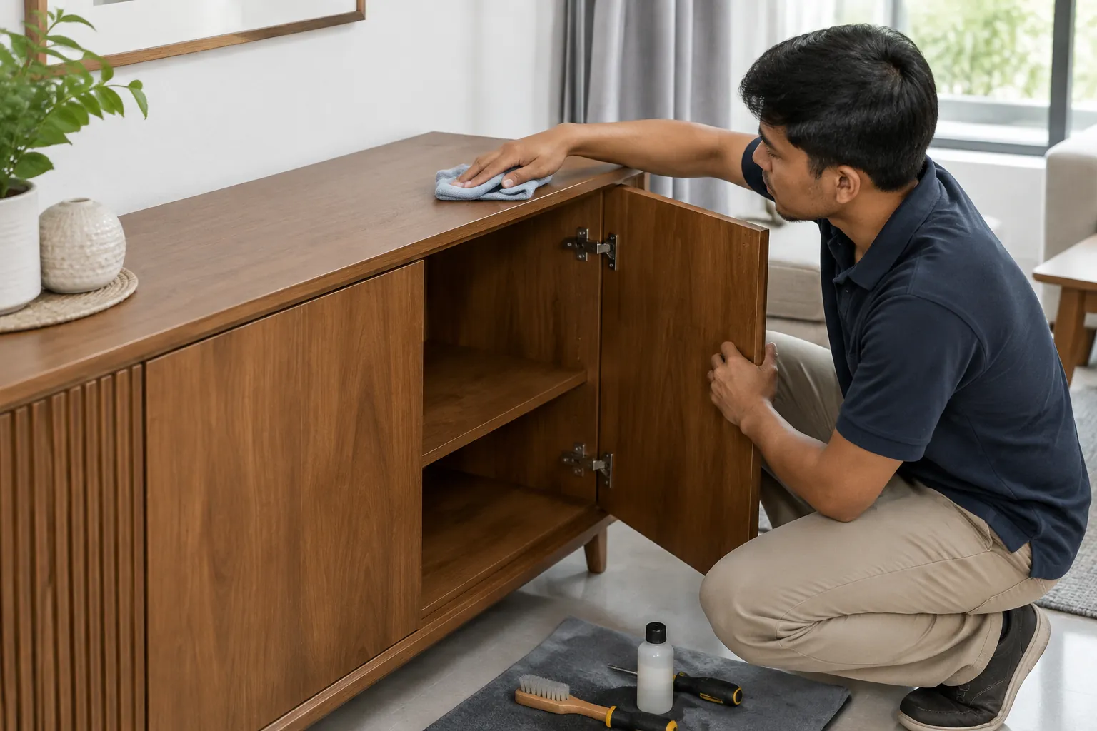 Pekerja merawat permukaan kabinet kayu
