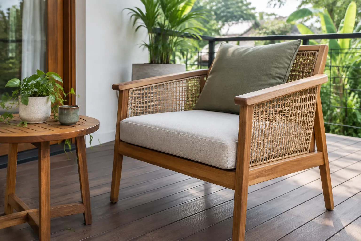 Kursi teras dari kayu dan anyaman dengan bantal hijau