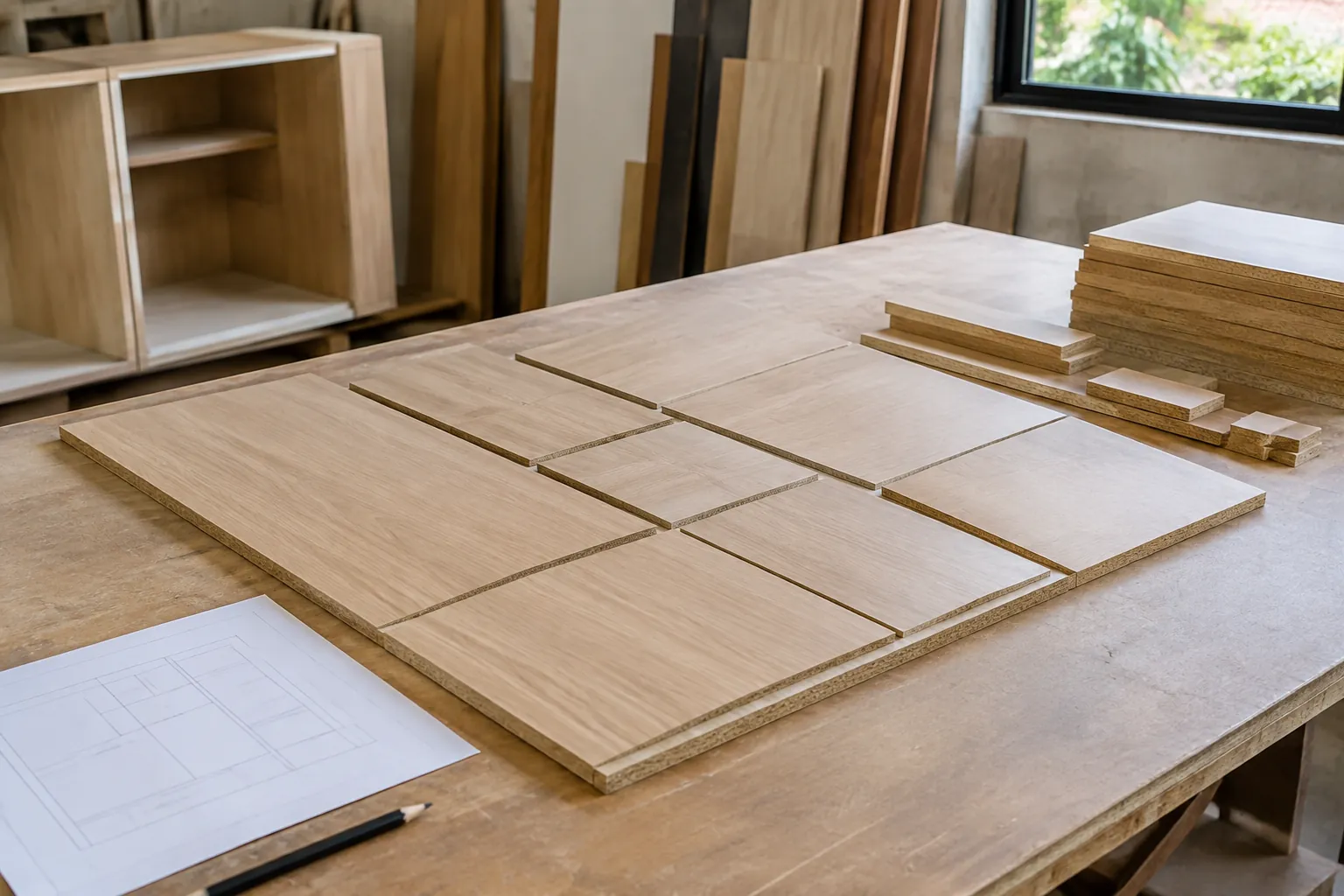 Potongan papan kayu tersusun di meja kerja furnitur