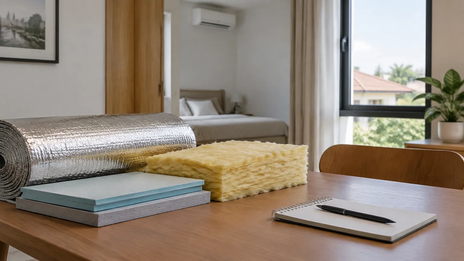 Sampel bahan insulasi dan pelapis tersusun di meja kamar