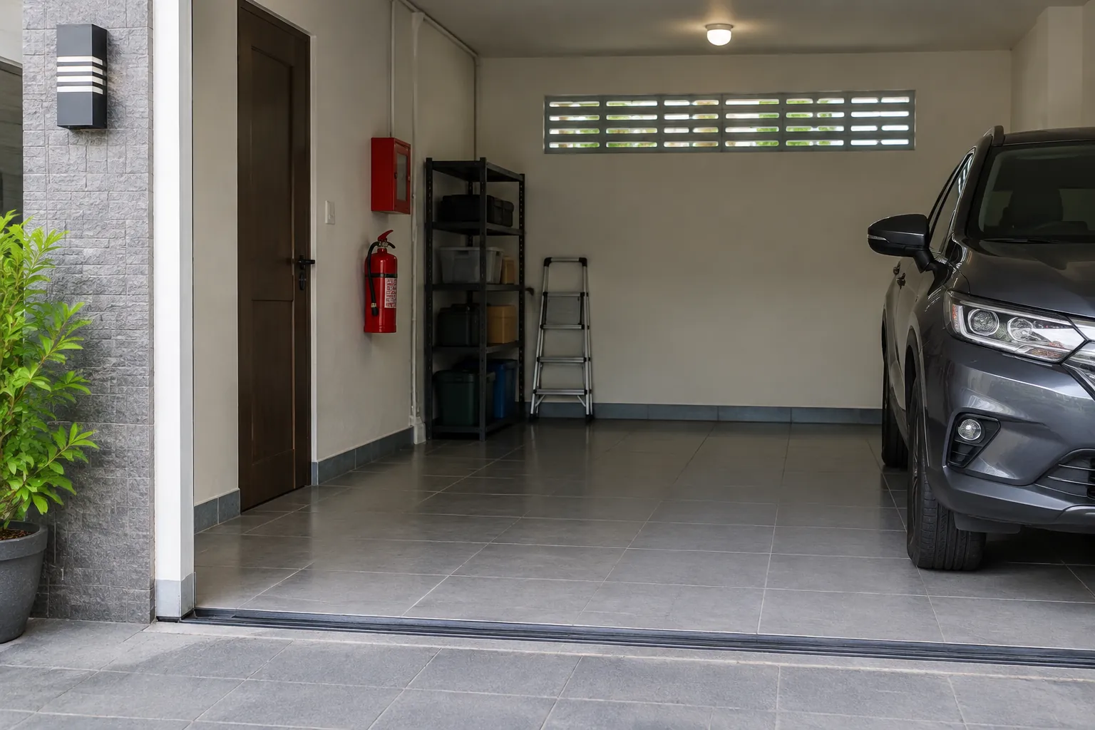 Garasi dengan mobil, pintu samping, dan alat pemadam