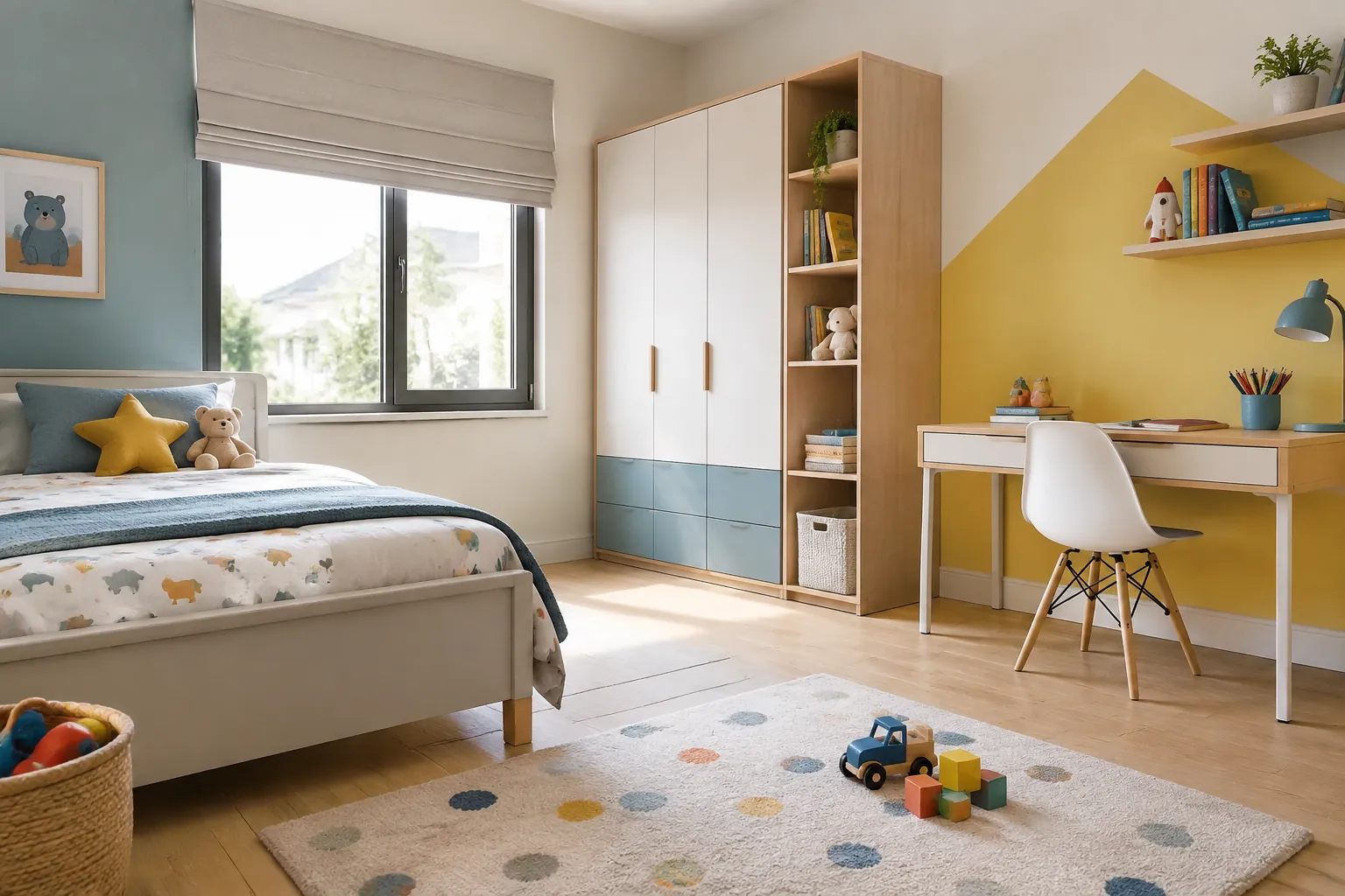Warna biru muda dan kuning tampil pada dinding kamar anak yang terkena cahaya jendela