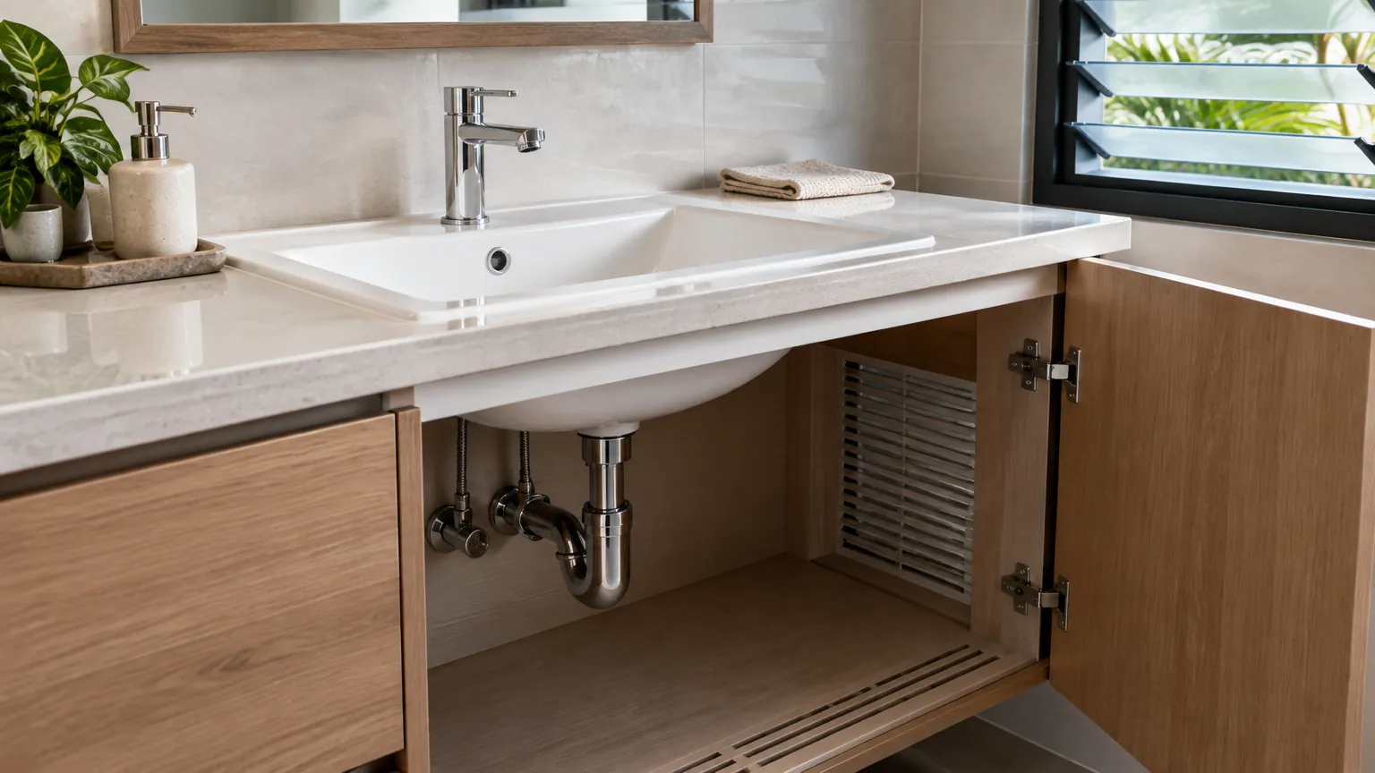 Wastafel kamar mandi dengan pipa dan ruang kabinet terbuka