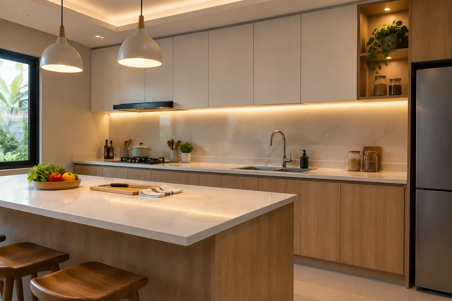 Area memasak dan bak cuci diterangi lampu plafon dan bawah kabinet