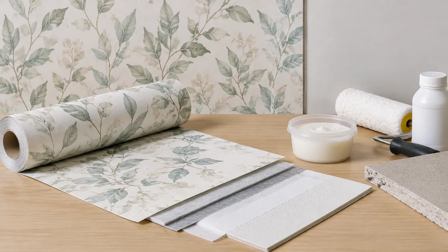 Gulungan wallpaper dan sampel warna pelapis dinding