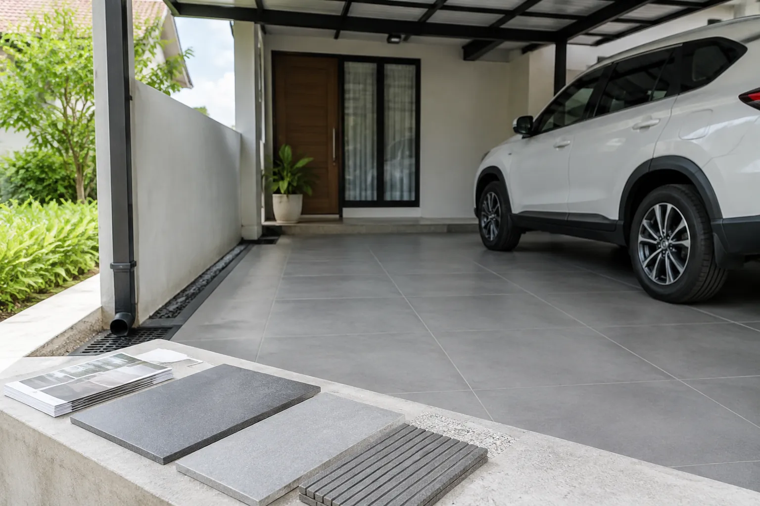 Sampel permukaan lantai di depan mobil pada carport