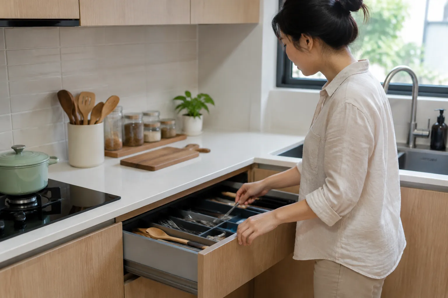 Seseorang membuka laci kitchen set di dekat kompor
