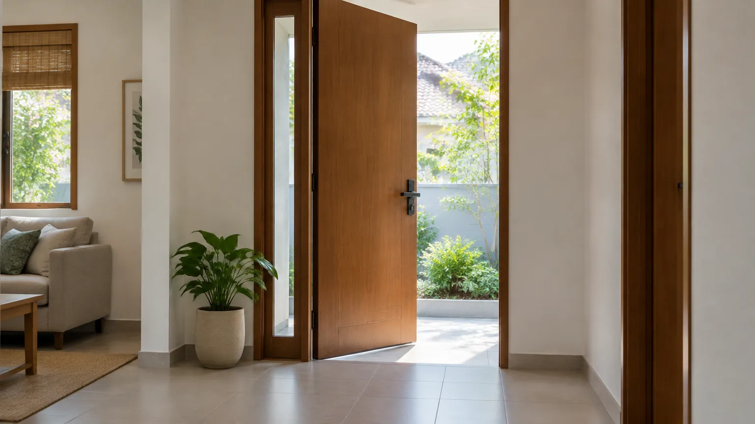 Pintu kayu besar terbuka ke halaman dari ruang keluarga