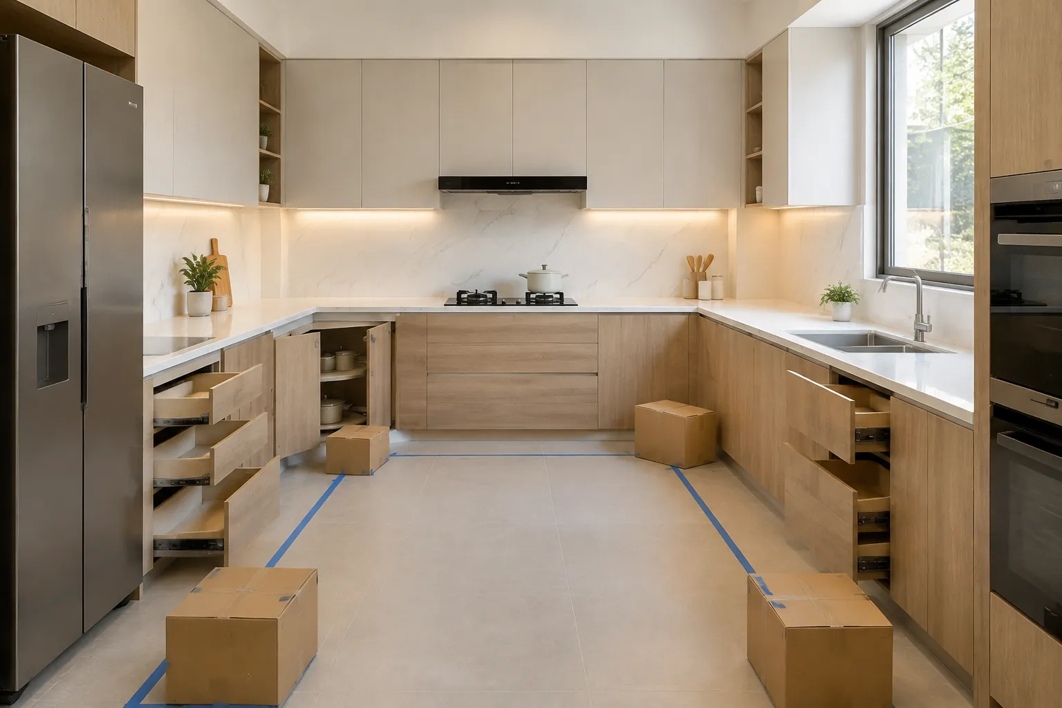 Kabinet bawah pada dapur berbentuk U masih dalam proses pemasangan