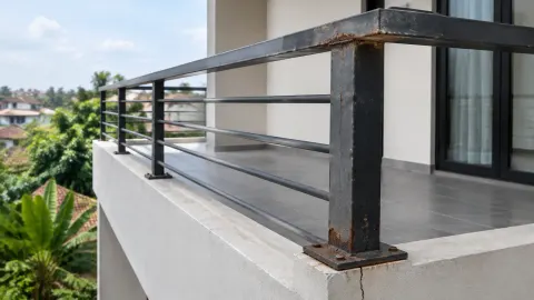 Railing logam balkon dengan bercak pada tiang dan sambungannya