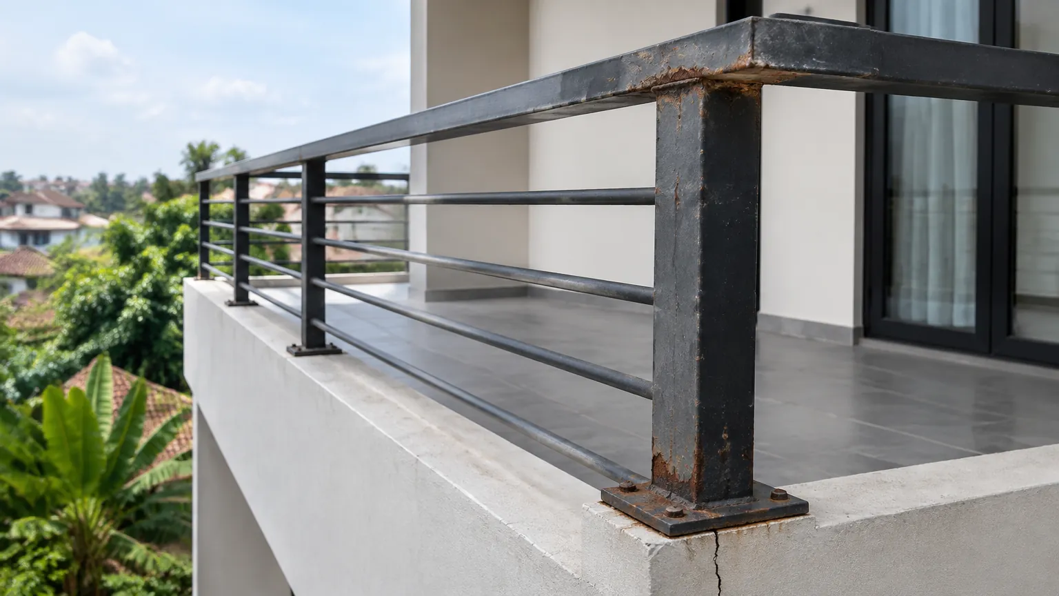 Railing logam balkon dengan bercak pada tiang dan sambungannya