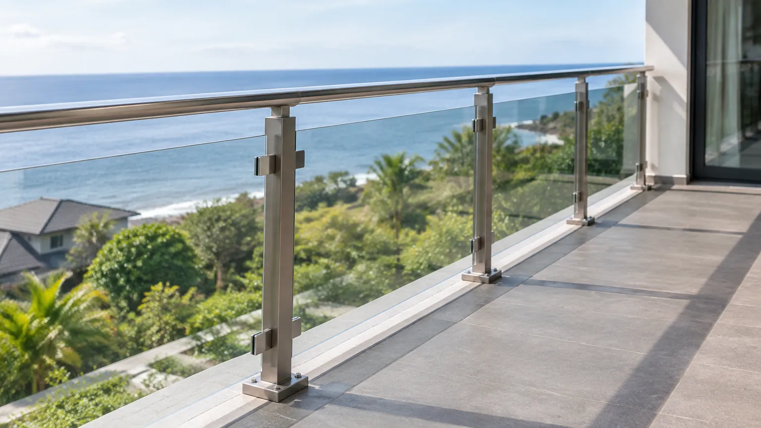 Railing kaca di balkon terbuka menghadap laut