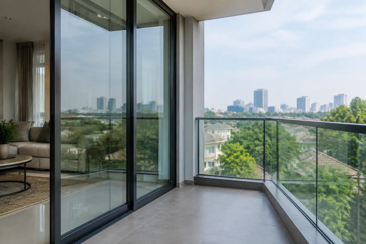 Pintu kaca dan pagar kaca pada balkon rumah