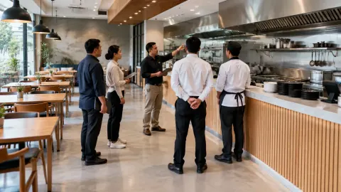 Beberapa orang meninjau area dapur dan meja bar kafe