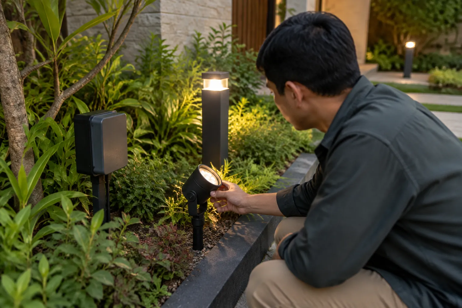 Orang menyesuaikan lampu taman.