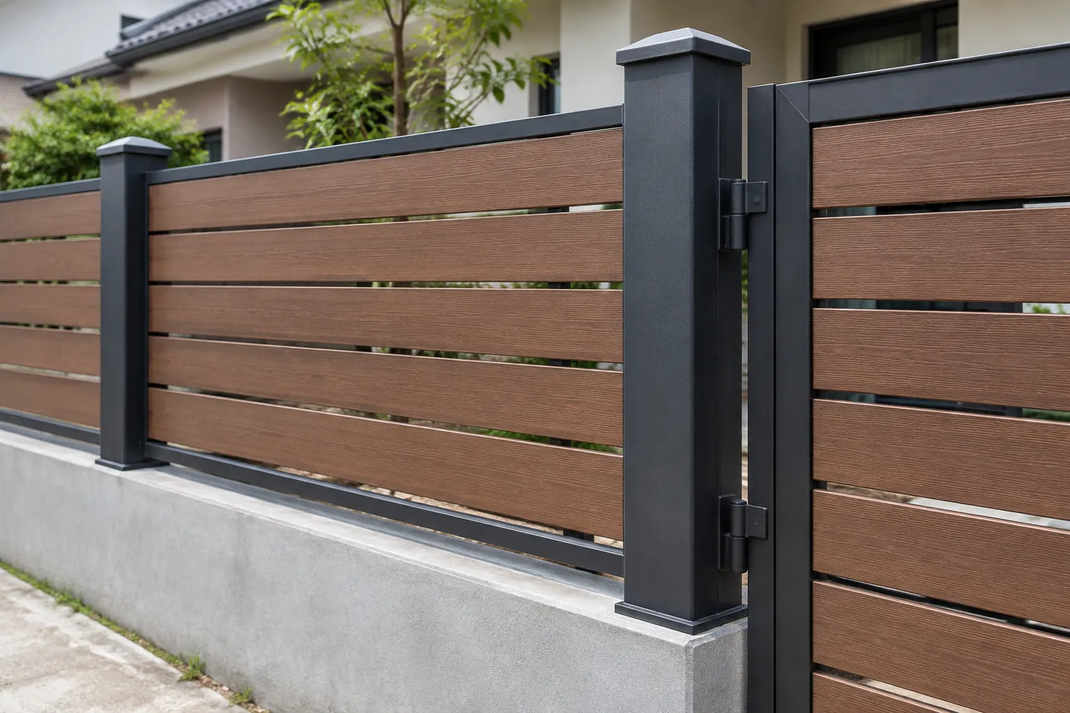 Detail bilah kayu dan tiang logam pada pagar