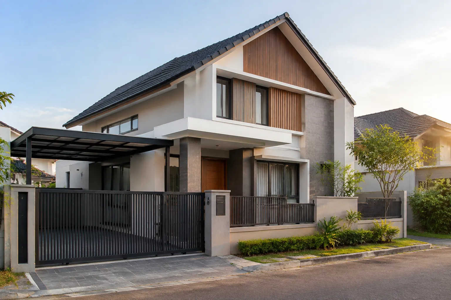 Fasad rumah dua lantai dengan atap miring dan kanopi