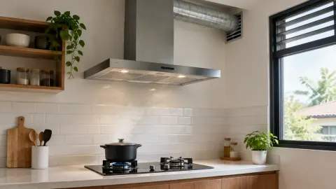 Dapur dengan cooker hood di atas kompor dan bukaan jendela