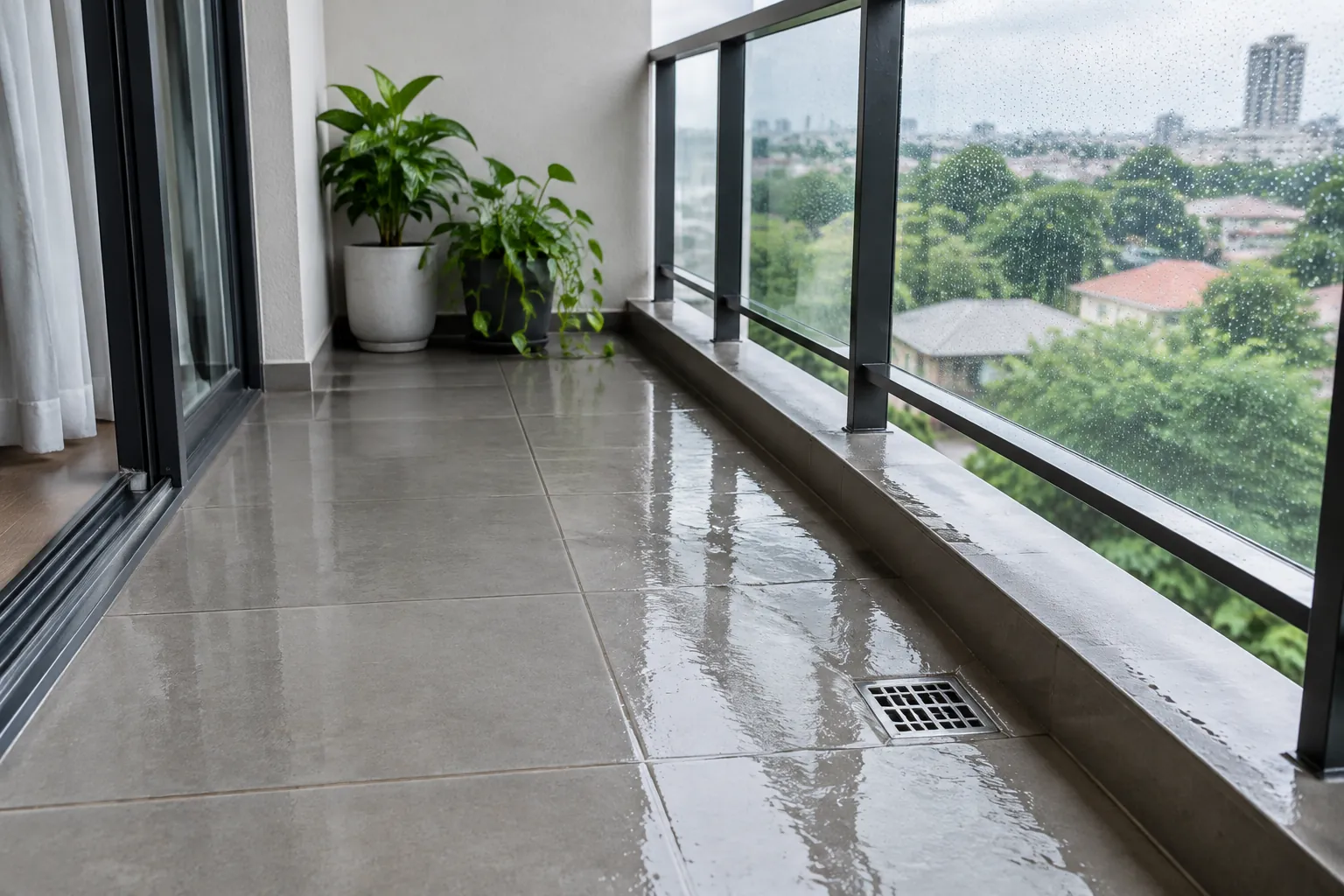 Air hujan membasahi lantai balkon menuju saluran tepi