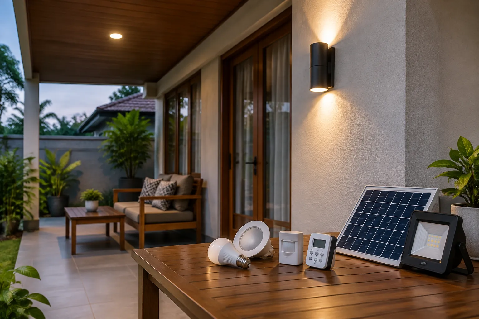 Contoh lampu dan panel surya kecil di atas meja teras