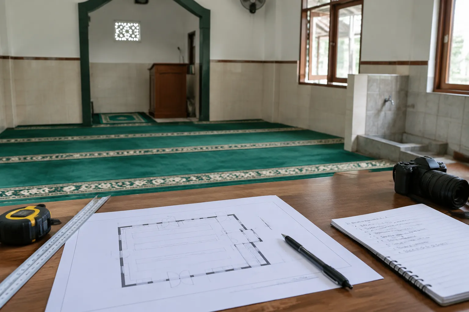 Denah dan catatan renovasi diletakkan di depan musala