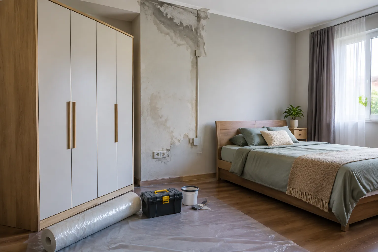 Dinding kamar tidur dengan bekas lembap di samping perlengkapan renovasi