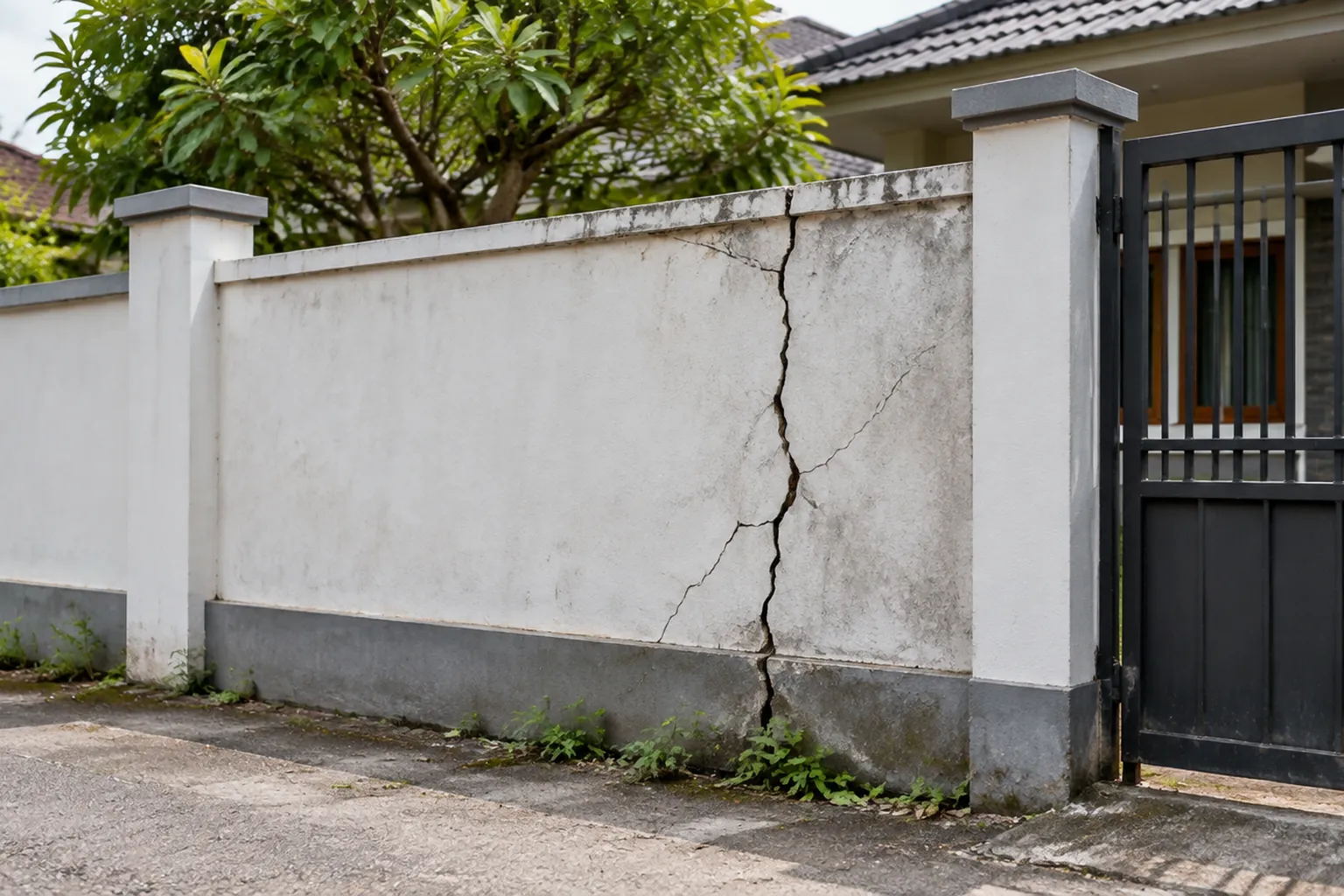 Retakan pada dinding pagar dekat gerbang rumah