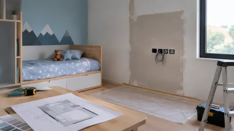 Kamar anak dengan dinding belum selesai dan gambar rencana