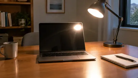 Lampu meja menimbulkan pantulan pada layar laptop