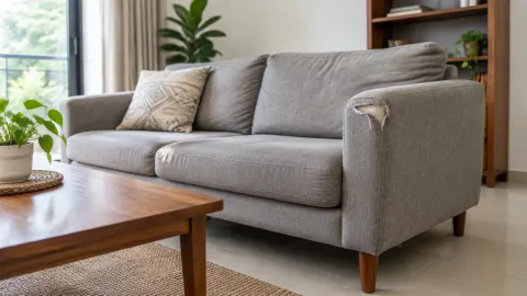 Sofa dengan kain pelapis aus pada sandaran